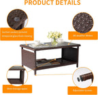 VINGLI Outdoor Wicker CoffeeTable Patio Coffee Tables for Outside, Tempered Glass Top Wicker Table with Storage Coffee Table for Patio Balcony Porch Deck (Brown)