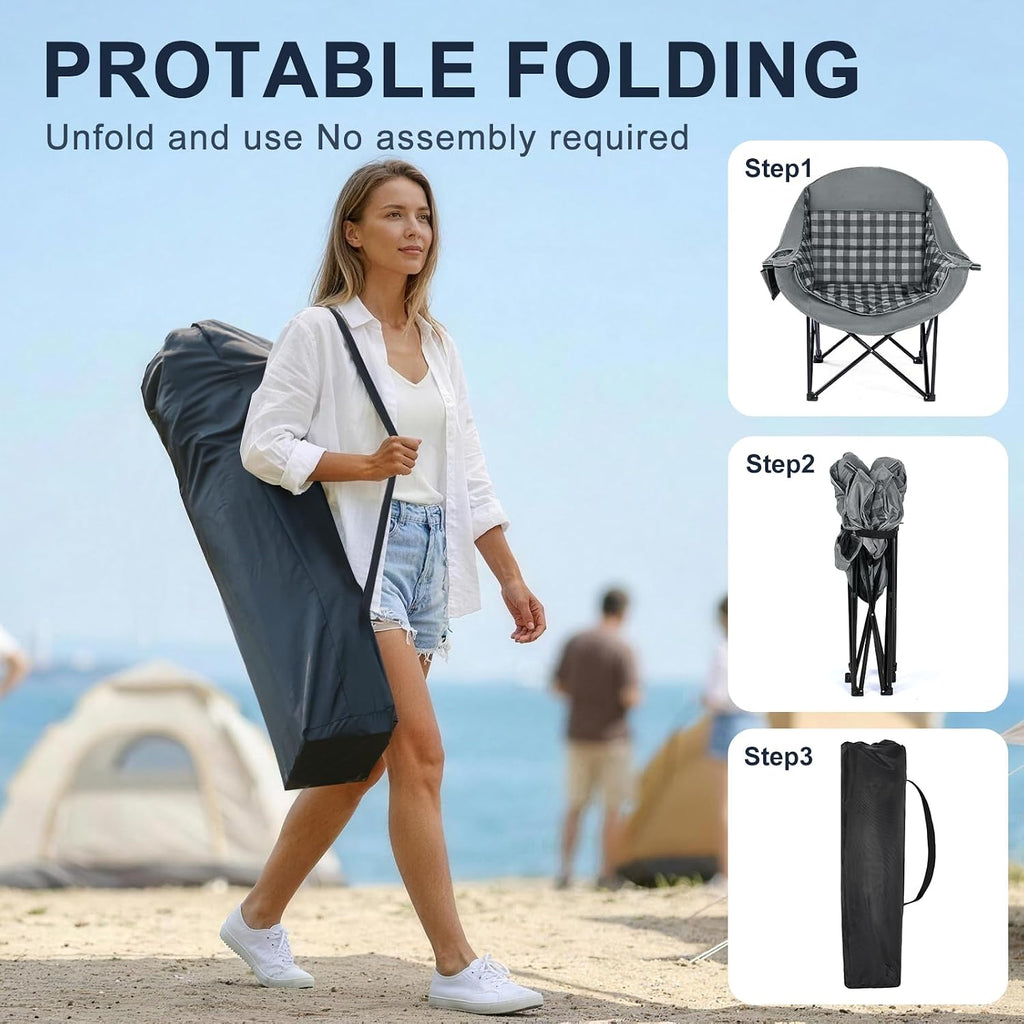 Oversized Camping Chair for Adults, 500 LBS Heavy Duty Folding Chair, Plaid | Big & Tall Adults, Padded Camping Chair, 600D Oxford Fabric, Cup Holder, Side Pocket, Lawn Chair, Beach, Fishing