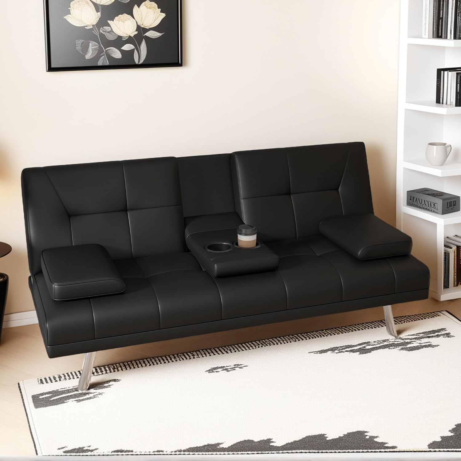 67"Modern Futon Sofa Bed,Convertible 3 in 1 Sleeper Bed Couches with Adjustable Backrest,Cup Holders,Comfy PU Leather Recliner Sofa Loveseat with Chrome Legs for Small Home Living Room (Black)