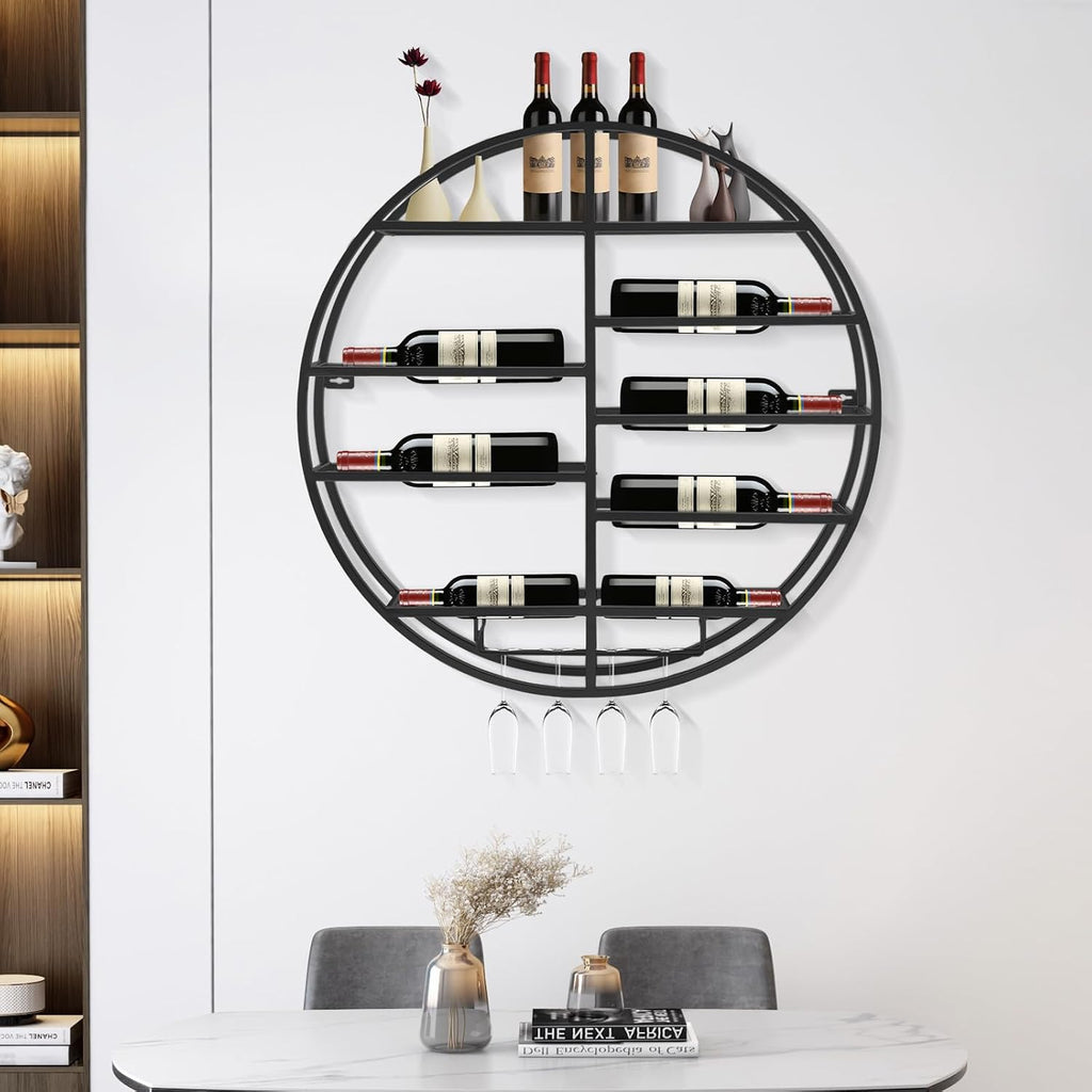 Round Wall Mounted Wine Rack 23.6Inch Metal Wine Display Rack Wine Glass Goblet Holder Bottle Holder for Bar Wine Cellar Kitchen Storage Display (Black)