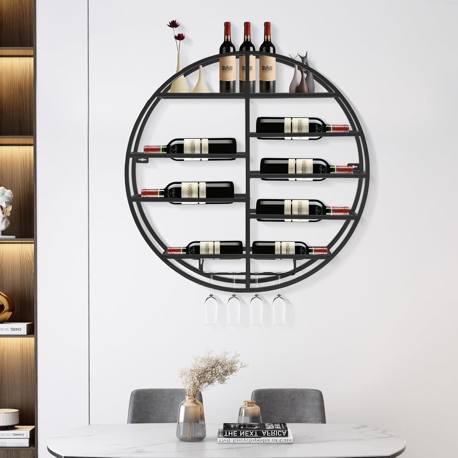 Round Wall Mounted Wine Rack 23.6Inch Metal Wine Display Rack Wine Glass Goblet Holder Bottle Holder for Bar Wine Cellar Kitchen Storage Display (Black)