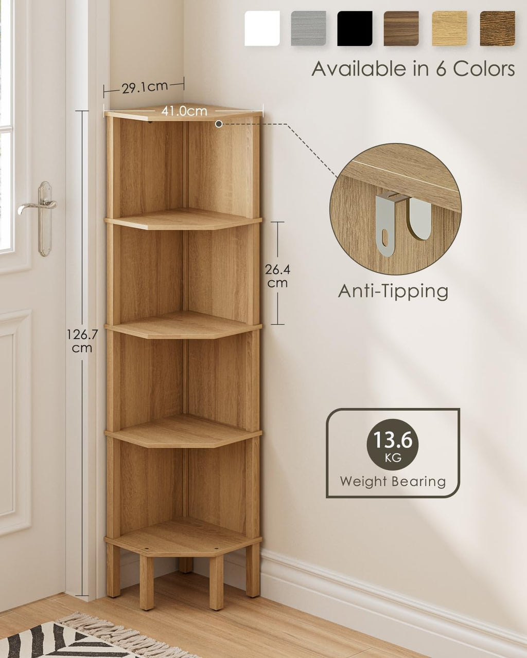 Corner Shelf, 5 Tier Corner Bookshelf, Display Corner Shelf Stand with Storage Rack, Wall Corner Bookshelf for Living Room, Bedroom, Office, Oak