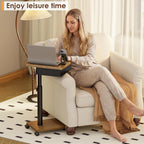 Cutogxon TV Tray Table with Wheels & Drawer,Adjustable Height C Shaped End Table for Eating,End Table with Swivel Top for Small Spaces, Sofa Side Table for Bedroom & Living Room（Walnut Brown）