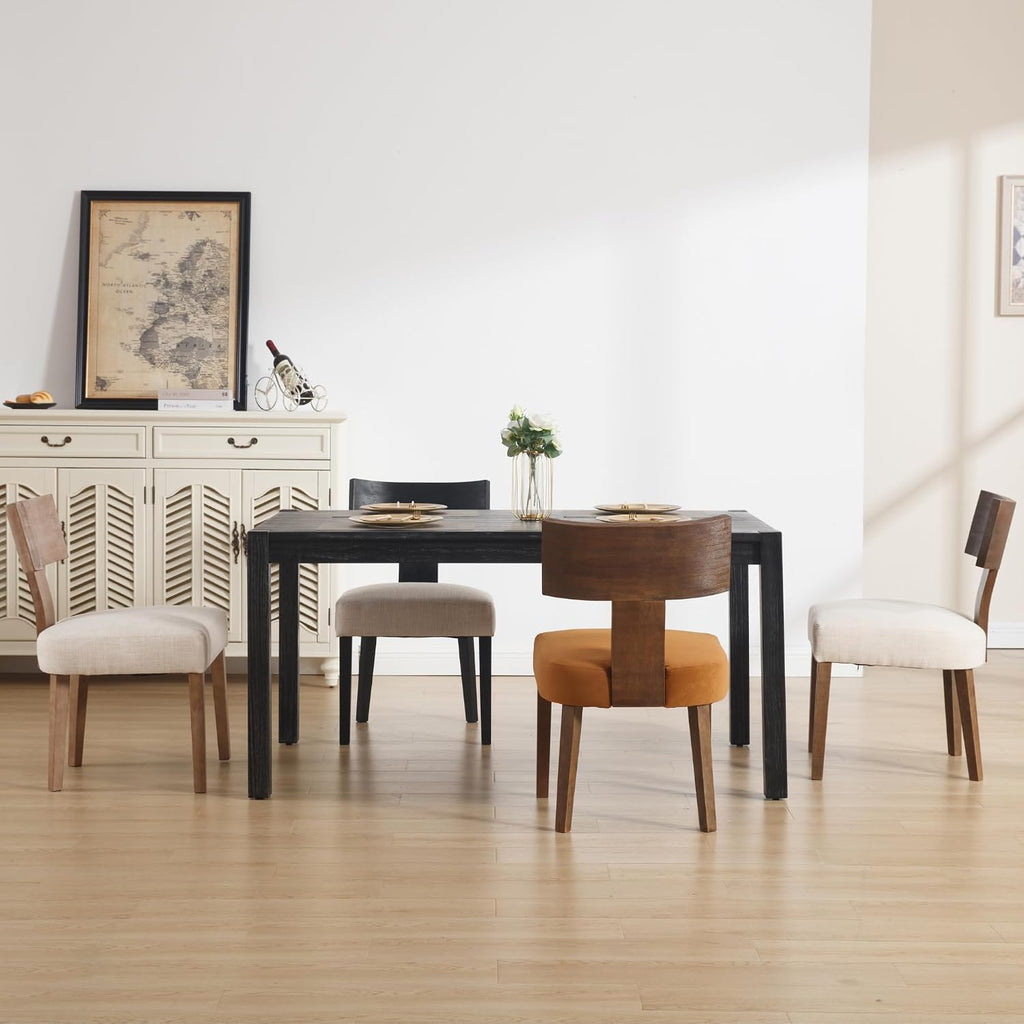 Farmhouse Dining Chairs Set of 4, Upholstered Dark Brown Solid Wooden Chairs with T-Shape Back, Armless Kitchen Chairs Comfy Accent Chairs, Linen Beige