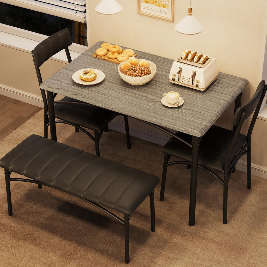 Garvee Dining Table Set for 4, Kitchen Table with Upholstered Bench and 2 Chairs, 4-Piece Wooden Dining Table Set for Apartment, Dining Room, Small Space, Gray