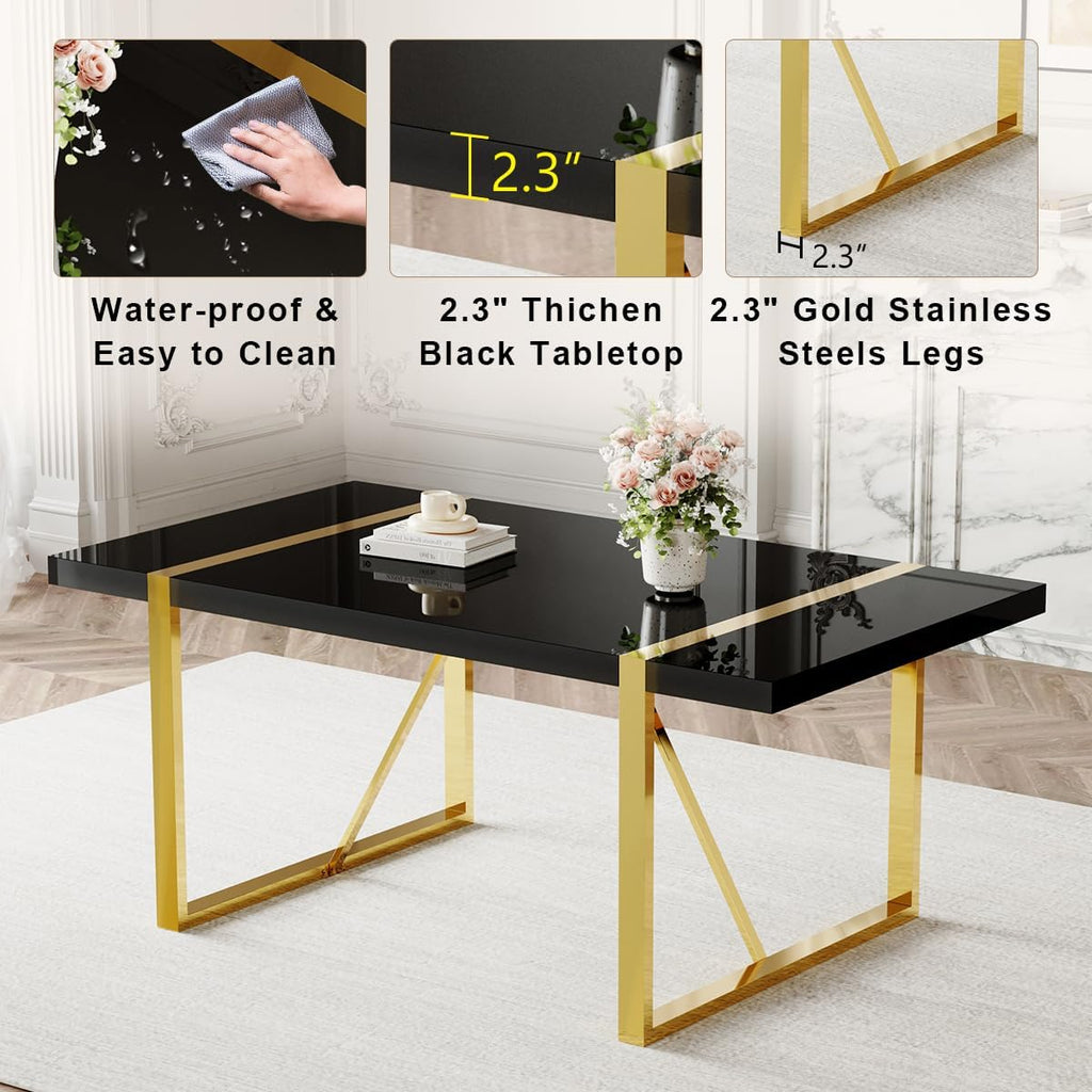 71" Modern Dining Table Set for 8, Black Dining Table Set for 8, Black Wood Tabletop with Gold Metal Legs, Rectangular Kitchen Table and 8 Faux Leather Chair for Apartment, Kitchen & Dining Room