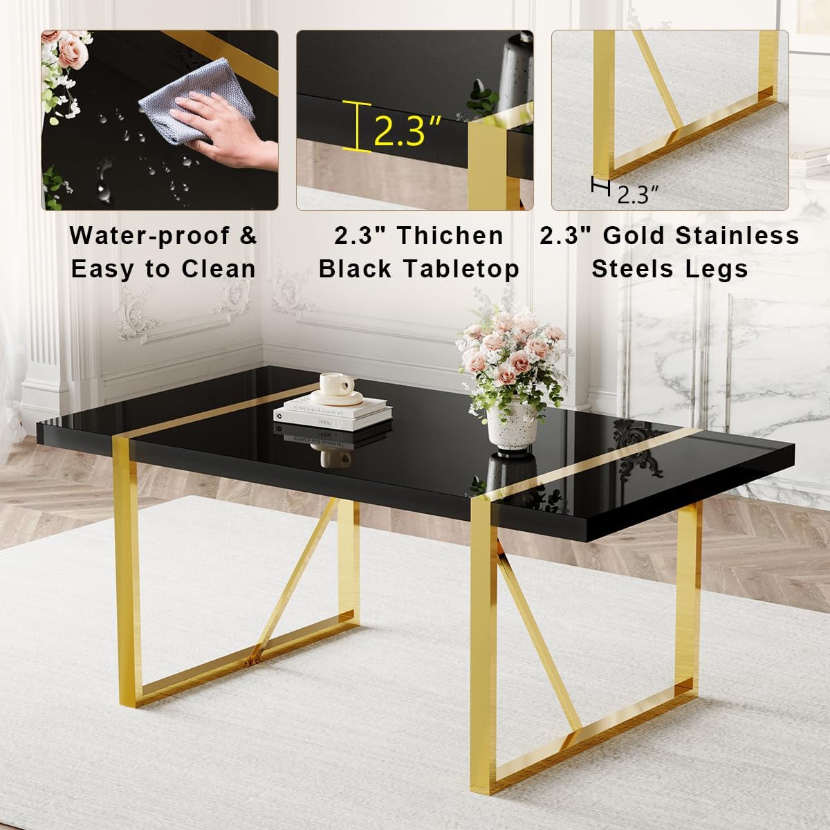 71" Modern Dining Table Set for 8, Black Dining Table Set for 8, Black Wood Tabletop with Gold Metal Legs, Rectangular Kitchen Table and 8 Faux Leather Chair for Apartment, Kitchen & Dining Room