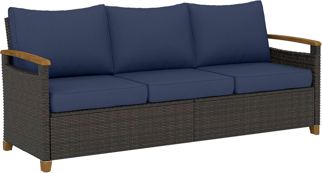 Outsunny 3 Seater Outdoor Couch Sofa, PE Wicker Patio Couch with Wide Deep Seating, 4" Foam Cushions, Wood-Effect Armrests and Legs, Patio Sofa Furniture for Garden, Backyard, Porch, Dark Blue