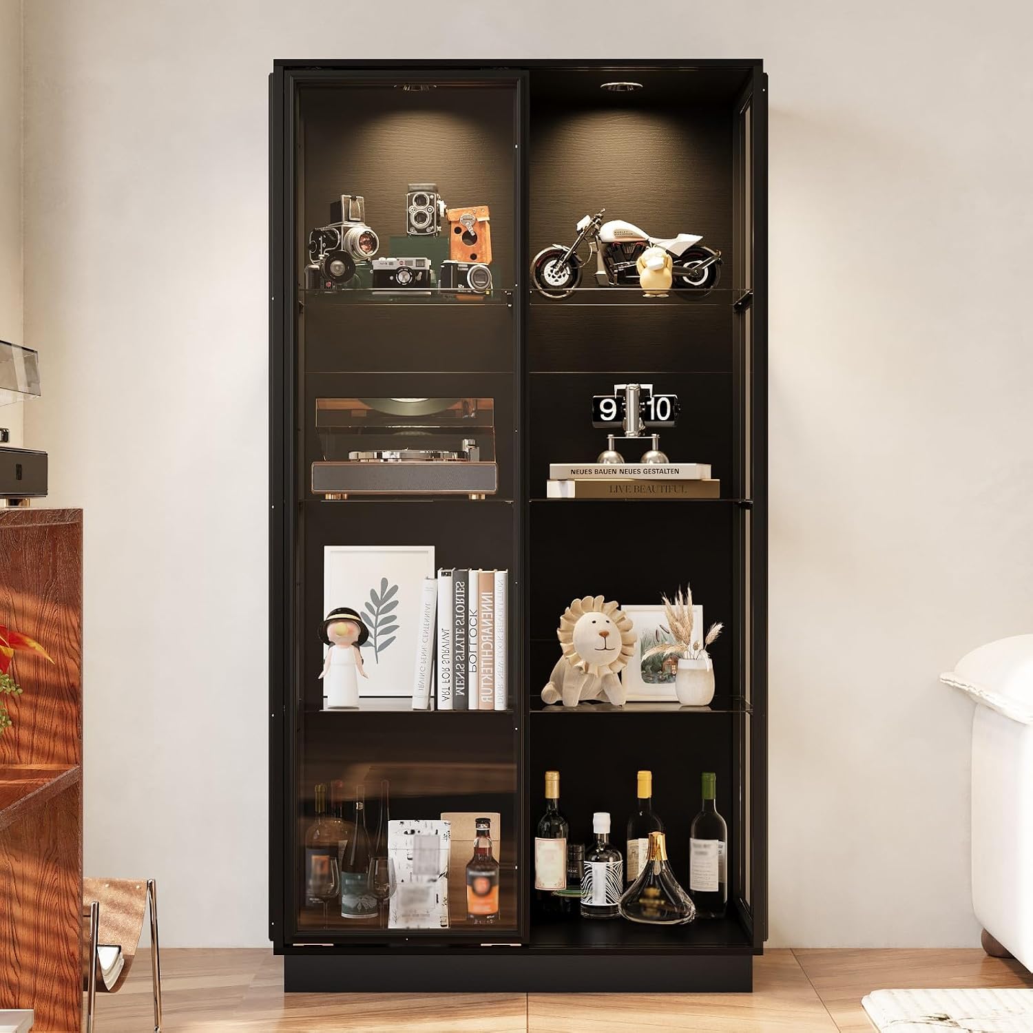 Tall Glass Display Cabinet with Glass Shelving & Sliding Doors, Trophy Case Glass Cabinet with Spotlights Black 39.4”W x 19.7”D x 75.2”H