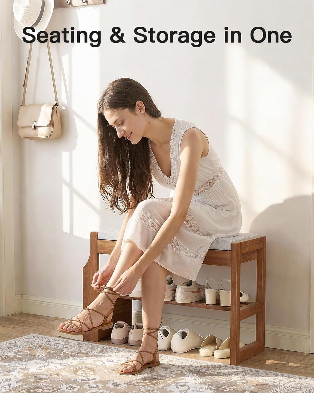 Pipishell 26″ Solid Pine Wood Shoe Rack Bench with Soft Cushion, 2 Tiers Shoe Storage Organizer with Lift-Top Storage and Side Holder, Holds up to 440 lbs, Shoe Bench for Entryway, Hallway, Bedroom