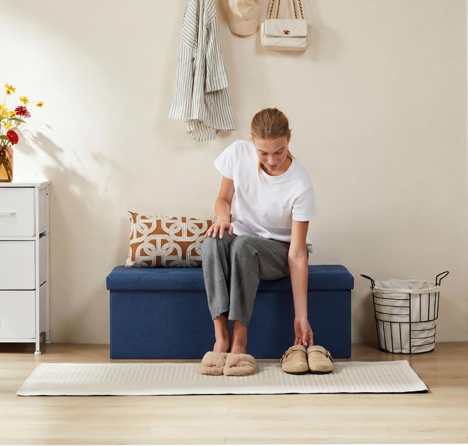Sweetcrispy 43 Inch Folding Storage Ottoman Bench, Ottoman with Storage | Large Hidden Storage Chest with Padded Seat, Foot Rest Stool, End of Bed Bench for Bedroom, Living Room, Linen Fabric, Blue