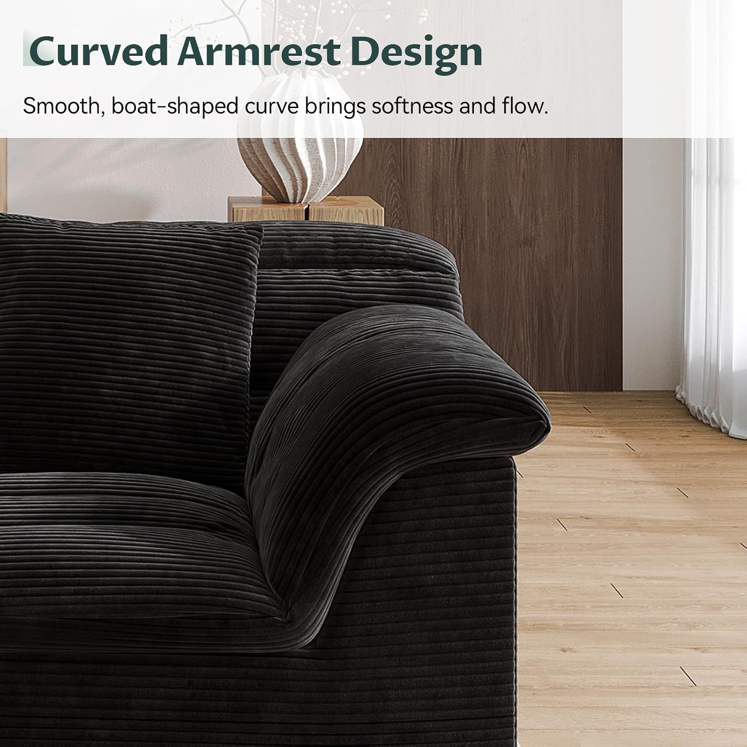 142" Modular Cloud Sectional Couch with Ottoman, Modern Upholstered Compressed Sofa with Deep Seat, Comfy U-Shape Corduroy Couches for Living Room, No Assembly Required, Black