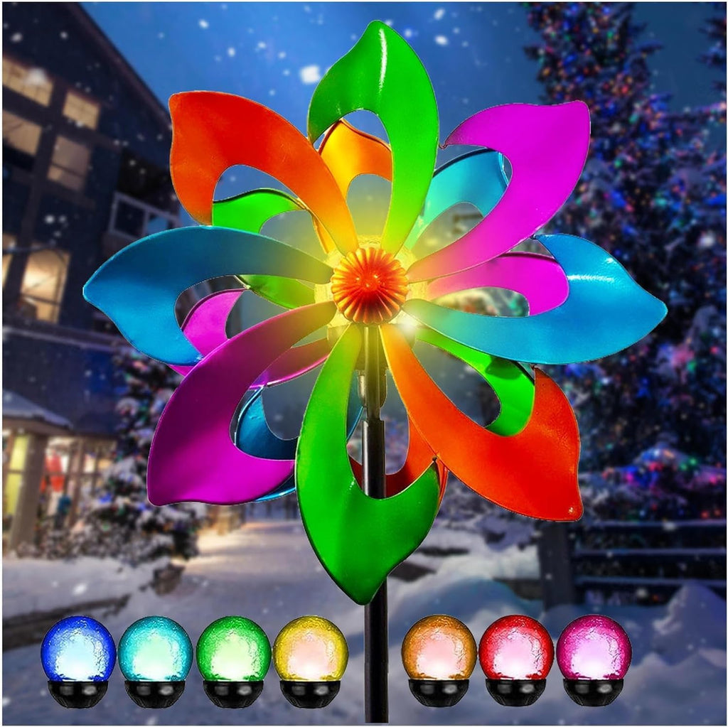 Solar Metal Wind Spinner, Multi-Color Led Lighting Solar Powered Glass Ball Dual Direction for Outdoor Patio Lawn & Garden,Blue(13" W x 75" H)