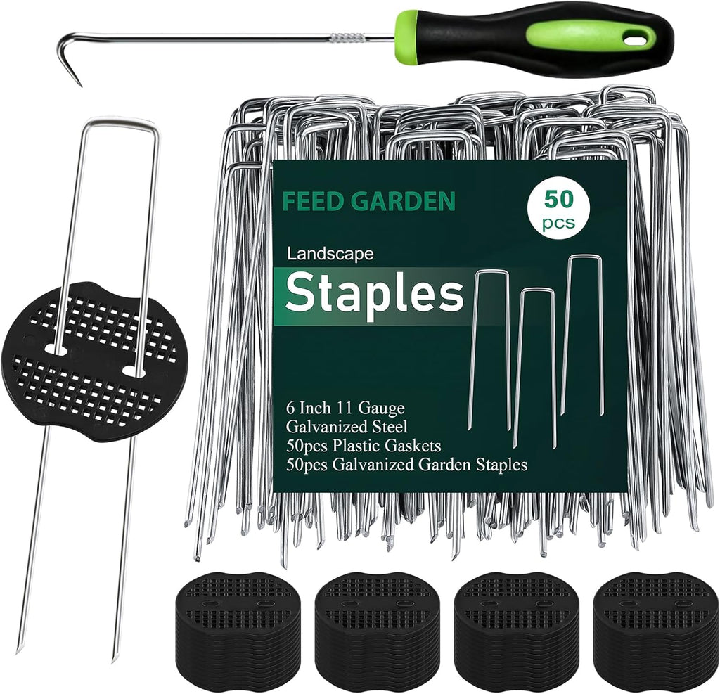 FEED GARDEN 6 Inch 50 Pcs Galvanized Landscape Staples 50 Pcs Gaskets Pick Hook Garden Stakes 11 Gauge Anti-Rust Landscaping Fabric SOD Pins U Shaped Yard Turf Stakes for Weed Barrier Fabric
