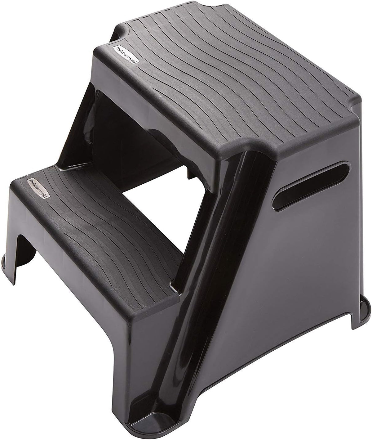 Rubbermaid 2-Step Plastic Stool, 300 lb Capacity, Lightweight, Black | Slip-resistant treads, Non-marring feet, Large standing platform, Cutout carry handles, No assembly required