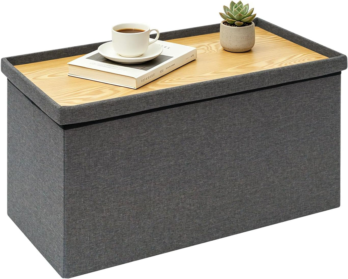 30 Inch Folding Storage Ottoman with Reversible Lid Coffee Table, Linen Fabric Multi-Functional Foot Rest & Seat for Living Room, Bedroom Grey