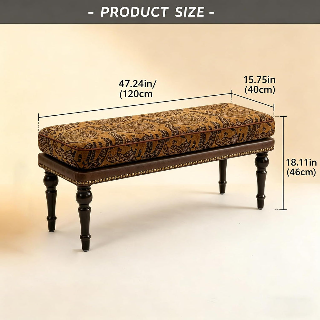 Forteek 47" Vintage Pattern Upholstered End of Bed Bench, Entryway Bench | Bedroom Bench with Detachable Washable Cover, Nailhead Trim, Sturdy Solid Wood Legs,Window Bench, Hallway Bench, Dining Bench