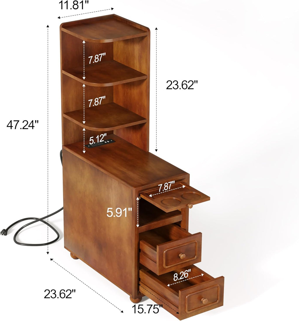 Solid Wood End Table with Charging Station and Reversible Corner Shelves, Tall Narrow Side Table with Drawers, USB Ports and Outlets for Living Room and Bedroom, Walnut