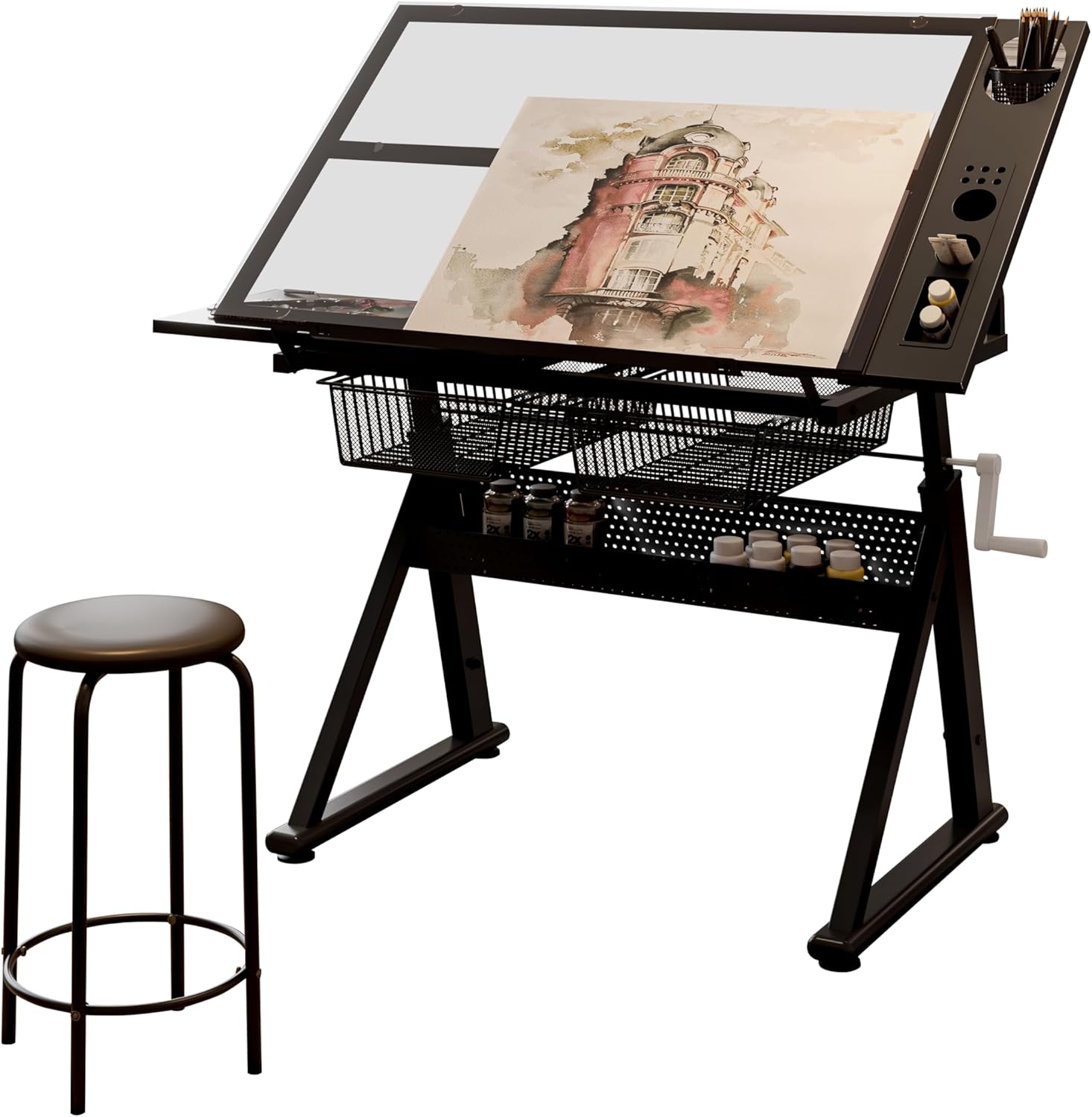 Drafting Table with Storage and Stool, Art Desk for Adults Hand Crank Adjustable Height with 2 Metal Drawers, Glass Craft Drawing Table Artist Desk with Extra Desktop (Black)