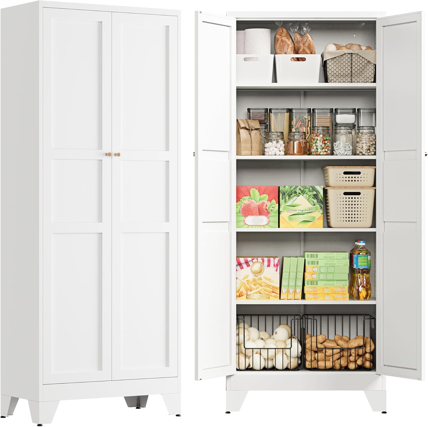 PEUKC 75" Farmhouse Metal Storage Cabinet with Doors and 4 Adjustable Shelves, Large Pantry Organizer for Kitchen, Dining Room, and Living Room,Assemble Require(White)