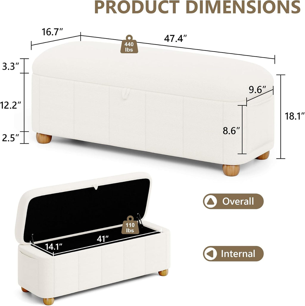 Einhomn 47.4" Ottoman with Storage, End of Bed Bench with Soft Upholstered Seat, Storage Ottoman Bench with Side Pocket, Solid Wood Legs, Entryway Bench for Bedroom, Living Room, Window