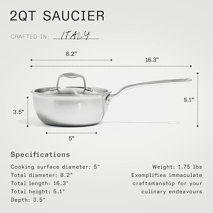 Made In Cookware - 2 Quart Stainless Steel Saucier Pan - 5 Ply Stainless Clad - Professional Cookware - Crafted in Italy - Induction Compatible