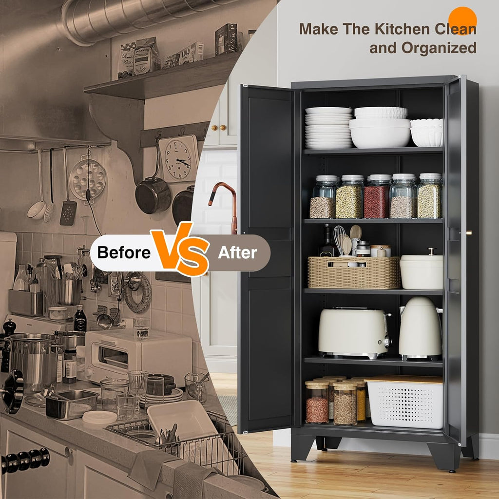 Yizosh Metal Pantry Cabinet,Tall Kitchen Pantry Storage Cabinet with Doors and Adjustable Shelves - 61" Black Cupboard Cabinet for Kitchen, Living Room,Dining Room,Home