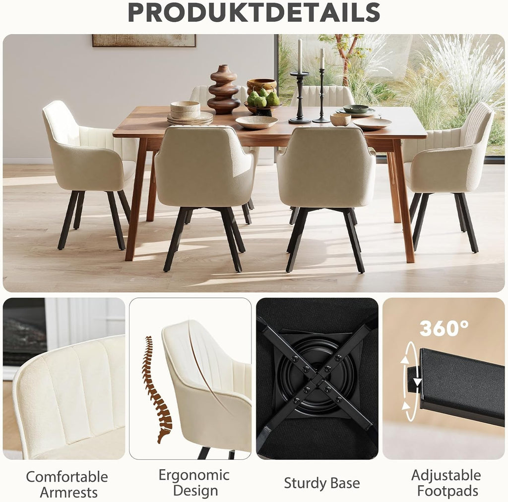 Furniliving Swivel Dining Chairs Set of 2, 360° Swivel Dining Room Chairs with Mental Legs, Mid Century Modern Kitchen Dining Room Chairs with Arms & Thickened Cushions for Kitchen, Velvet, Beige