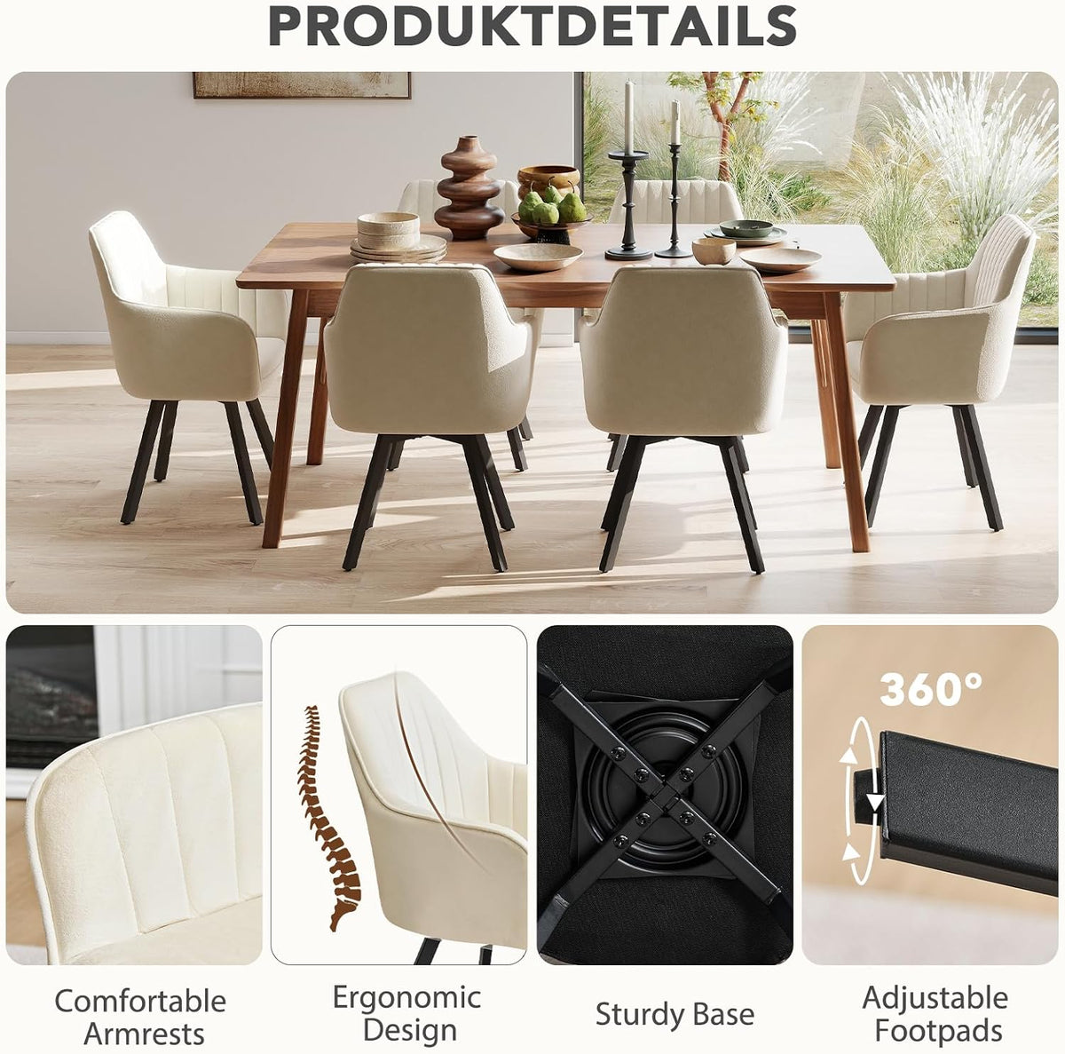 Furniliving Swivel Dining Chairs Set of 2, 360° Swivel Dining Room Chairs with Mental Legs, Mid Century Modern Kitchen Dining Room Chairs with Arms & Thickened Cushions for Kitchen, Velvet, Beige
