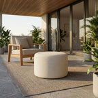 White Woven Heathered Fabric Ottoman, 23-Inch Round, Comfortable Outdoor Lounge Seat, Stylish, Durable for Patio and Garden