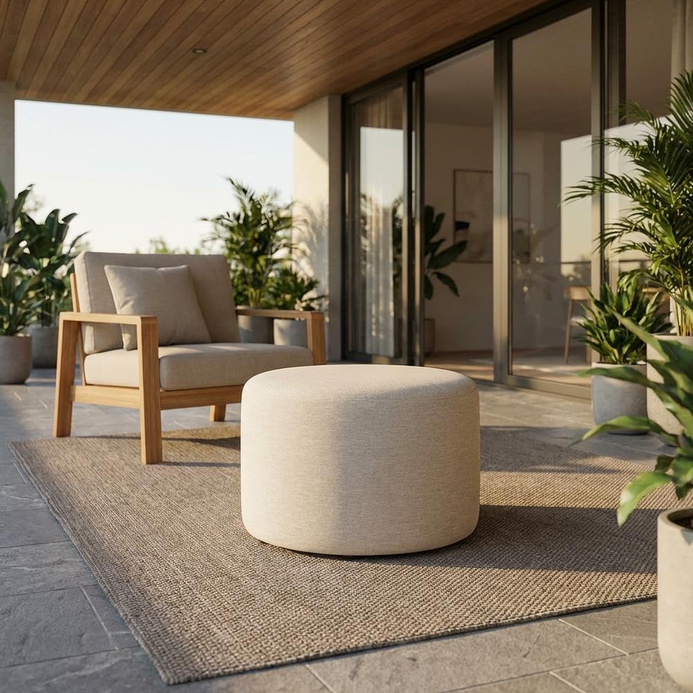White Woven Heathered Fabric Ottoman, 23-Inch Round, Comfortable Outdoor Lounge Seat, Stylish, Durable for Patio and Garden