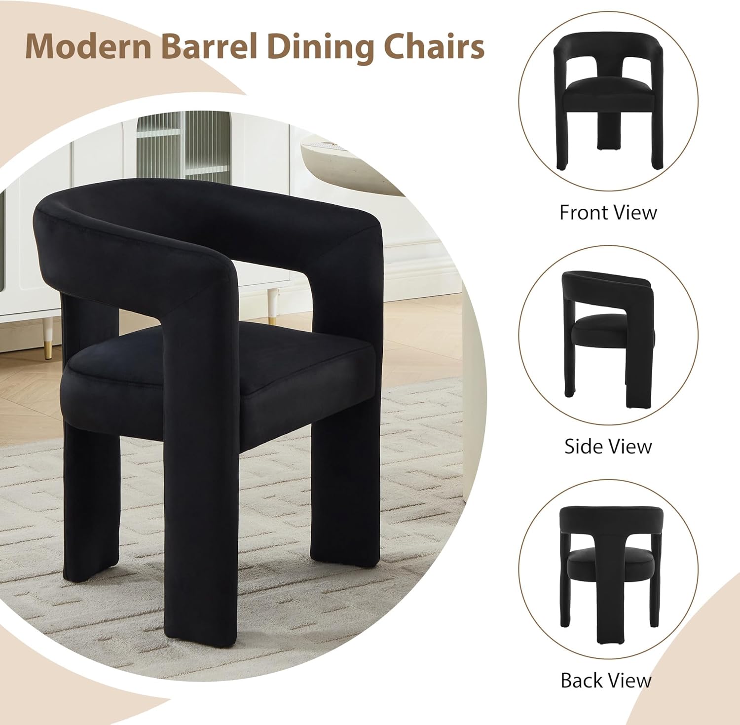 Modern Barrel Dining Chairs Set of 2, No Assembly Velvet Upholstered Dining Room Chairs with Open Back and 3 Legs, Comfy Accent Armchairs for Living Room/Bedroom/Kitchen/Reading, Black
