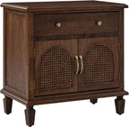 HULALA HOME End Table with Doors and Drawer, Traditional Side Table with Solid Wood Legs, Adjustable Shelf, Charging Station, Walnut