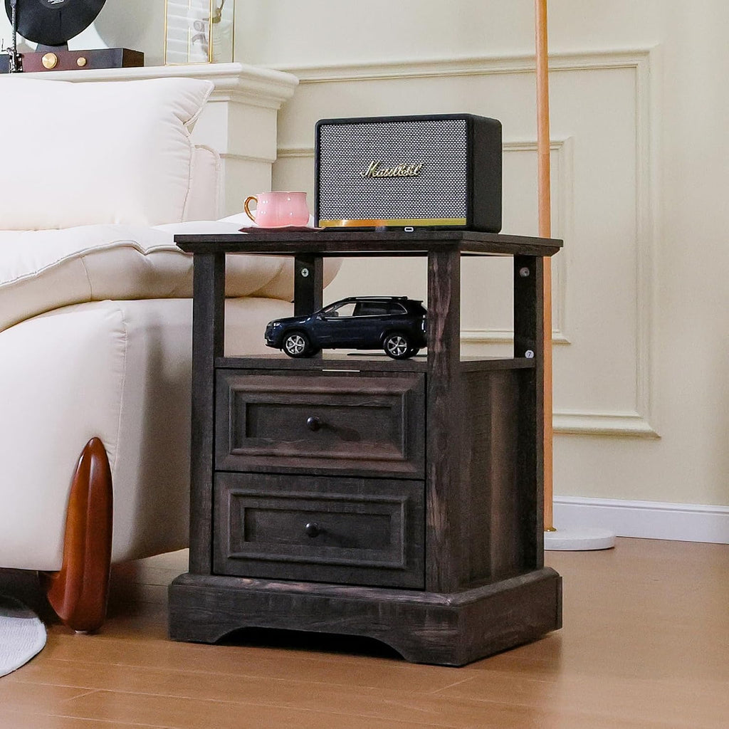 ALBAD Farmhouse Nightstand with Charging Station Rustic Bedside Table with 2 Drawers and Open Shelf Side Table with Metal Handle for Bedroom Office, Walnut Brown