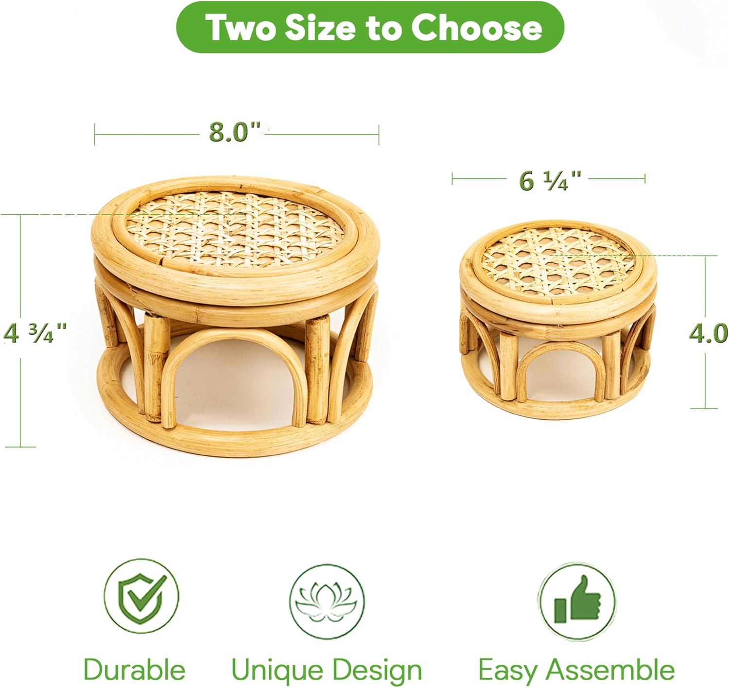 Set of 2 Small Boho Rattan Wicker Round Riser Plant Stand Indoor,Rustic Farmhouse Natural Wooden Circle Pedestal for Decor & Display, Tabletop, Office Decor