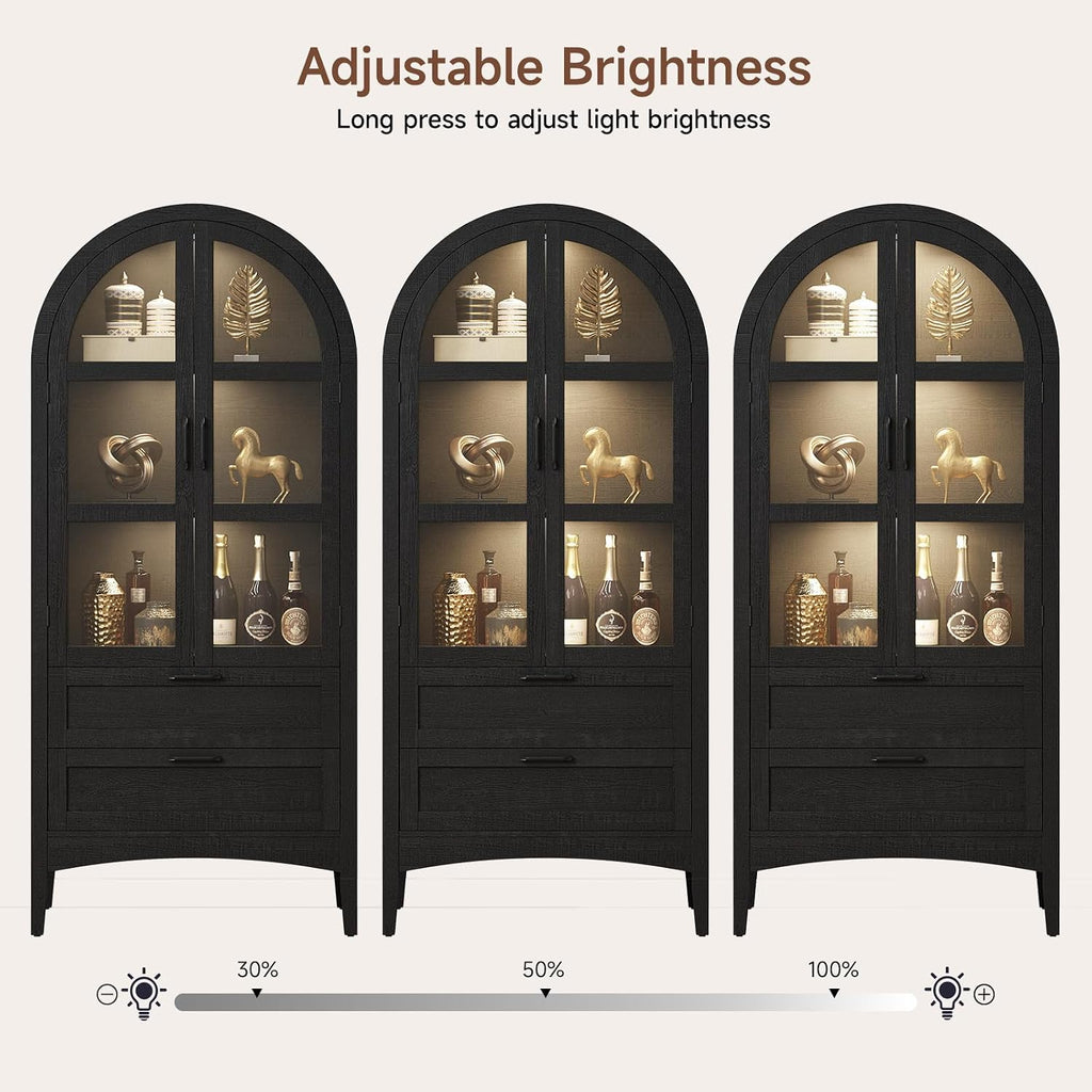 ONBRILL 71" Tall Arched Display Cabinet with LED Lights, Arched Kitchen Pantry with 2 Drawers, Modern Display Storage Cabinets with Adjustable Feet, Pantry Cabinet for Kitchen, Living/Dining Room