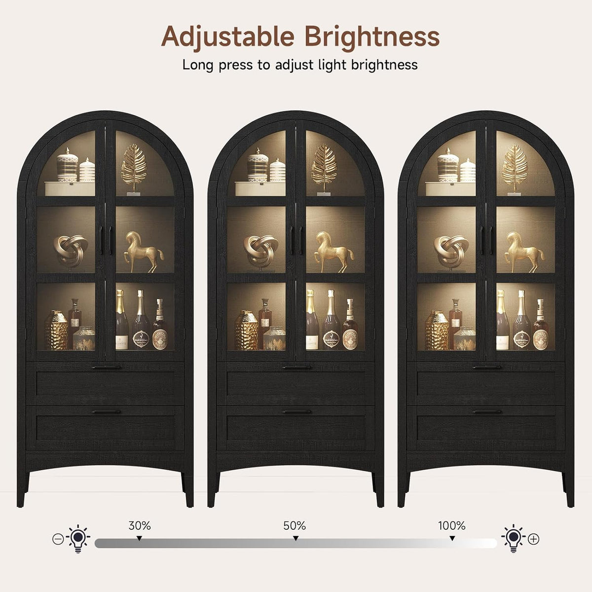ONBRILL 71" Tall Arched Display Cabinet with LED Lights, Arched Kitchen Pantry with 2 Drawers, Modern Display Storage Cabinets with Adjustable Feet, Pantry Cabinet for Kitchen, Living/Dining Room