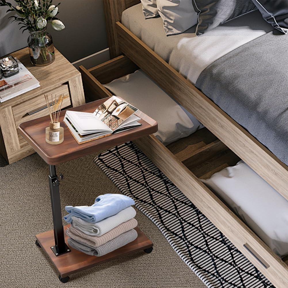 C Shaped End Table Adjustable Height, 360°Swivel TV Tray Table for Small Spaces, Couch Tables That Slide Under, c Shaped Side Tables with Wheels