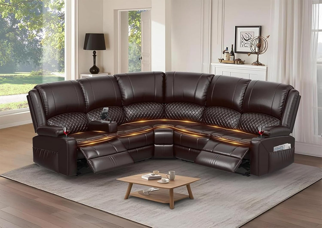 Upgraded 5 Seater Reclining Sofa Set, Modern Living Room Couch (Pu,Brown) | Home Theater Seating with Removable Console, Recliner Sectional Couch with Storage, Reclining Sectional Couch Set with USB