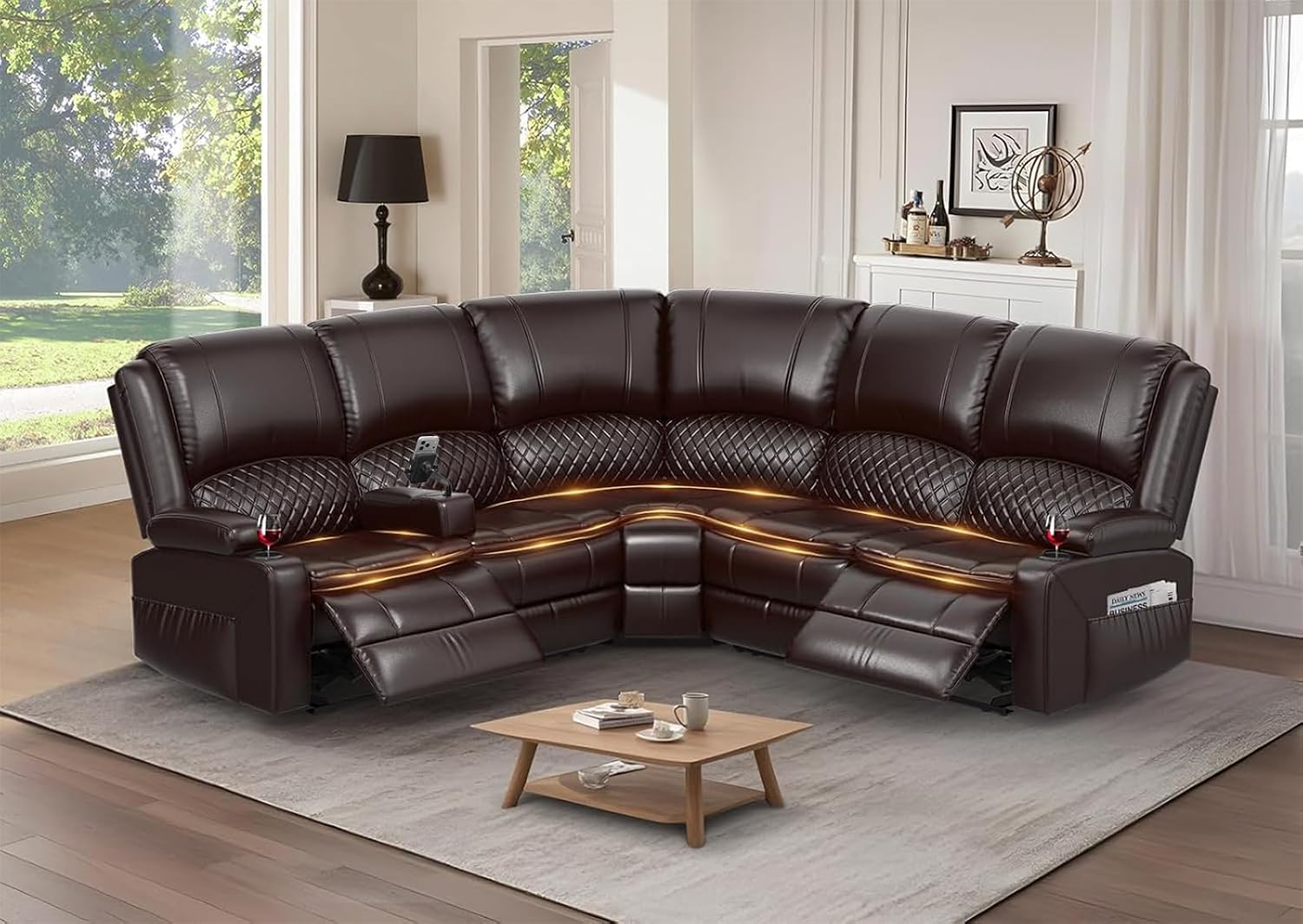 Upgraded 5 Seater Reclining Sofa Set, Modern Living Room Couch (Pu,Brown) | Home Theater Seating with Removable Console, Recliner Sectional Couch with Storage, Reclining Sectional Couch Set with USB