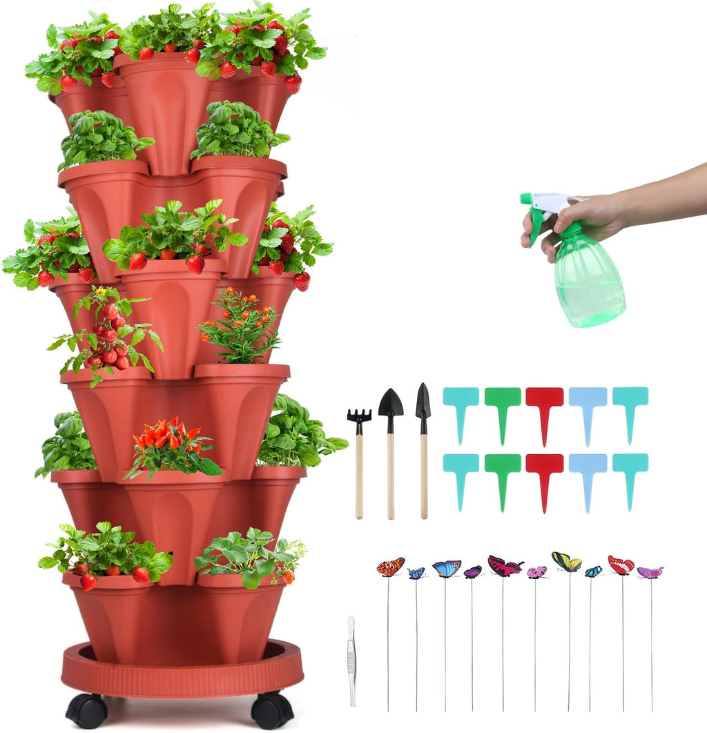 Vertical Planter, 6 Tier Stackable Strawberry Planter with Garden Tool Set, Movable Indoor/Outdoor Garden Herb Pot for Growing Vegetables and Succulents, Red