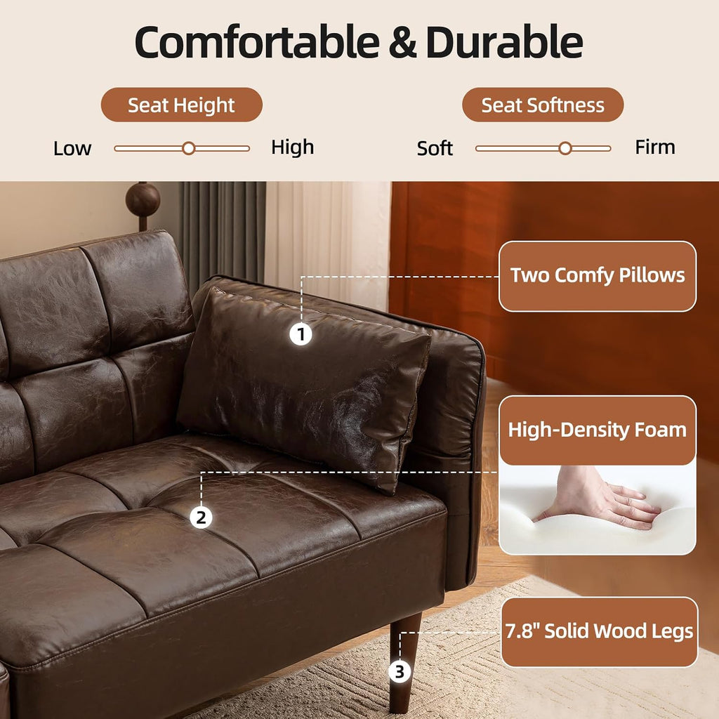 HALLYBEE 85" Futon Faux Leather Couch with Adjustable Armrests Coffee Brown | Futon Sofa Bed, Sleeper Sofa, Small Couch with Pillows, Side Pockets, Mid Century Modern, Living Room, Bedroom, Apartment