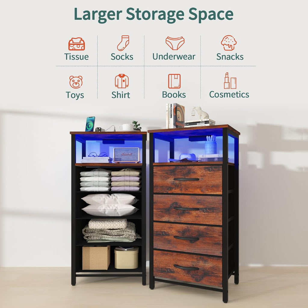Yoobure Night Stand - LED Rustic Nightstand with Charging Station for Dorm | Bedside Table with 4 Storage Drawers and Storage Shelf, End Table with USB Ports and Outlets, Tall Nightstand for Bedroom