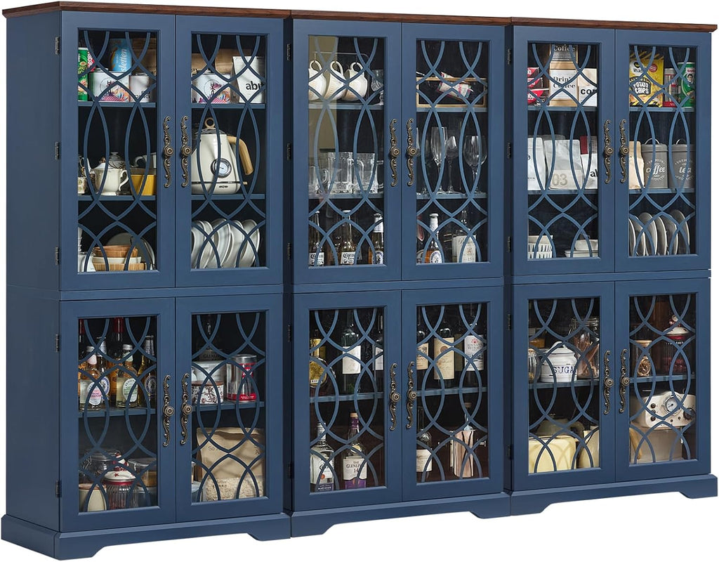 Joaxswe 67" Tall Pantry Cabinet Set of 3, Vintage Kitchen Pantries Cabinets with Glass Doors & Adjustable Shelves, Wood Cupboard with Large Storage for Dining Room, Bathroom, Navy Blue