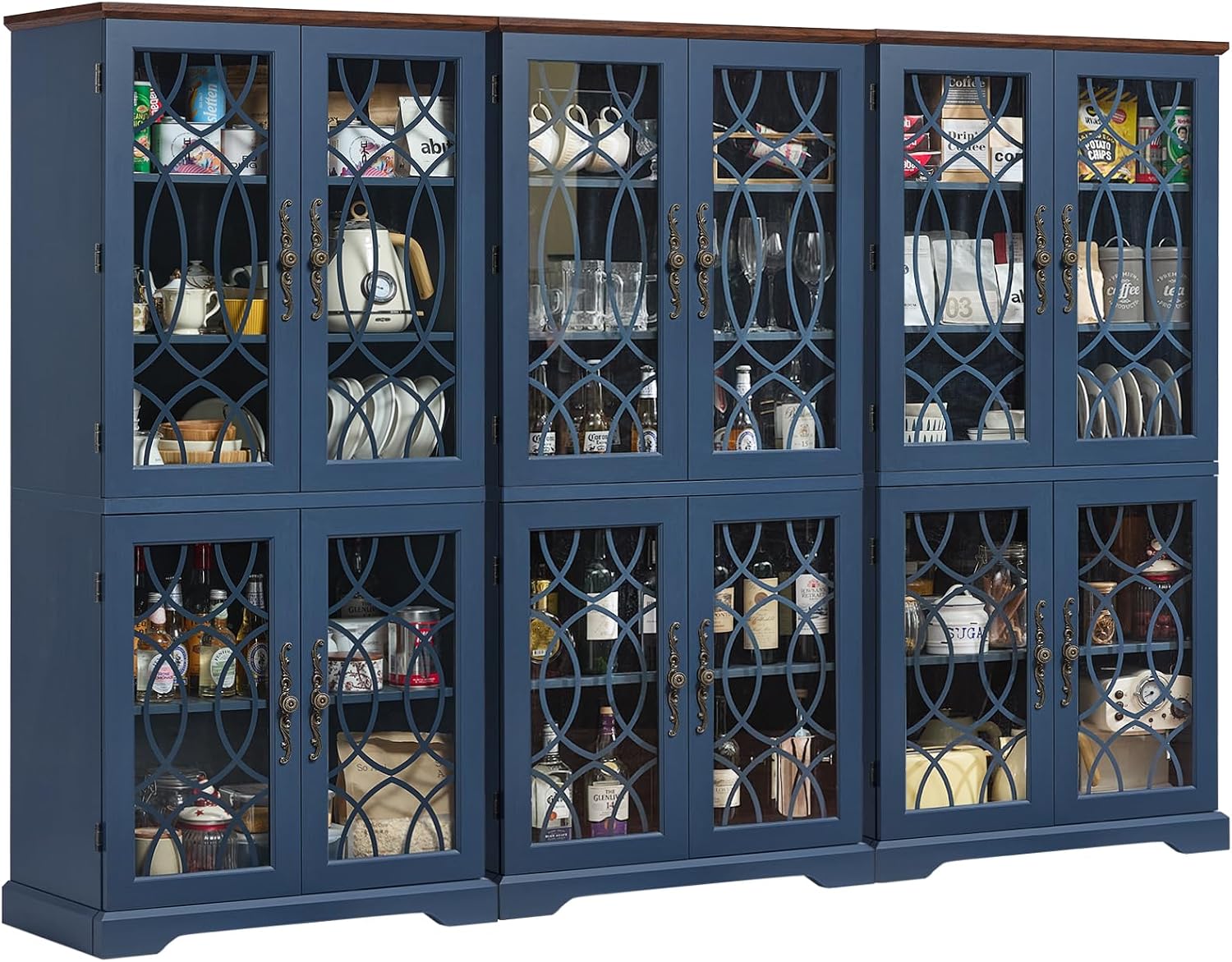 Joaxswe 67" Tall Pantry Cabinet Set of 3, Vintage Kitchen Pantries Cabinets with Glass Doors & Adjustable Shelves, Wood Cupboard with Large Storage for Dining Room, Bathroom, Navy Blue