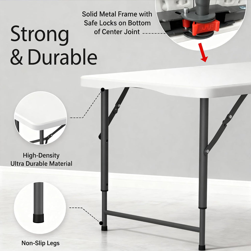 4 Feet Folding Table Adjustable Height with Carry Handle, Steel Legs | Heavy Duty | Lightweight Portable | Perfect for Party, Dining, Wedding, Events, Picnic Indoor, Outdoor, Camping, Utility-10P