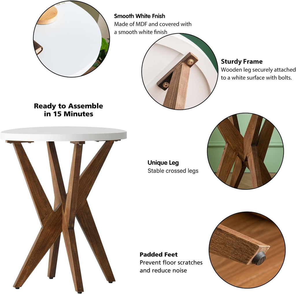 Ahokua Modern Round End Table with Smooth White Top and Crossed Walnut Legs, Minimalist Accent Table for Living Room, Balcony, or Small Spaces, Easy Assembly Bedside Table, White Walnut