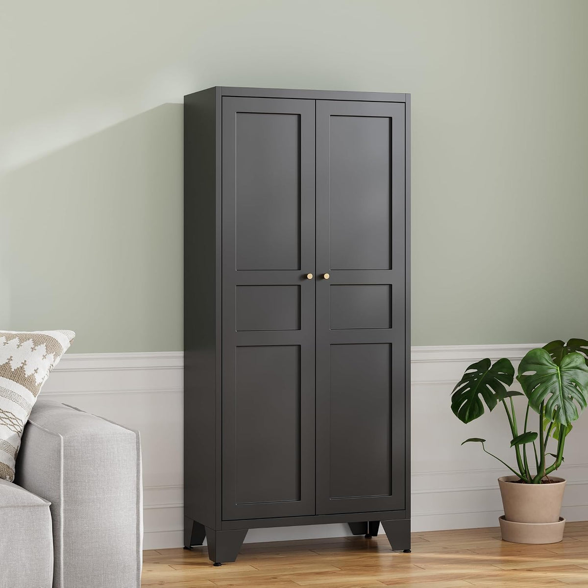 RAVIGIN Metal Storage Cabinet,61" H Pantry Cabinet with 2 Doors and 4 Adjustable Shelves,5 Tier Tall Kitchen Storage Cabinets for Kitchen,Pantry,Living/Study/Laundry Room(Black)