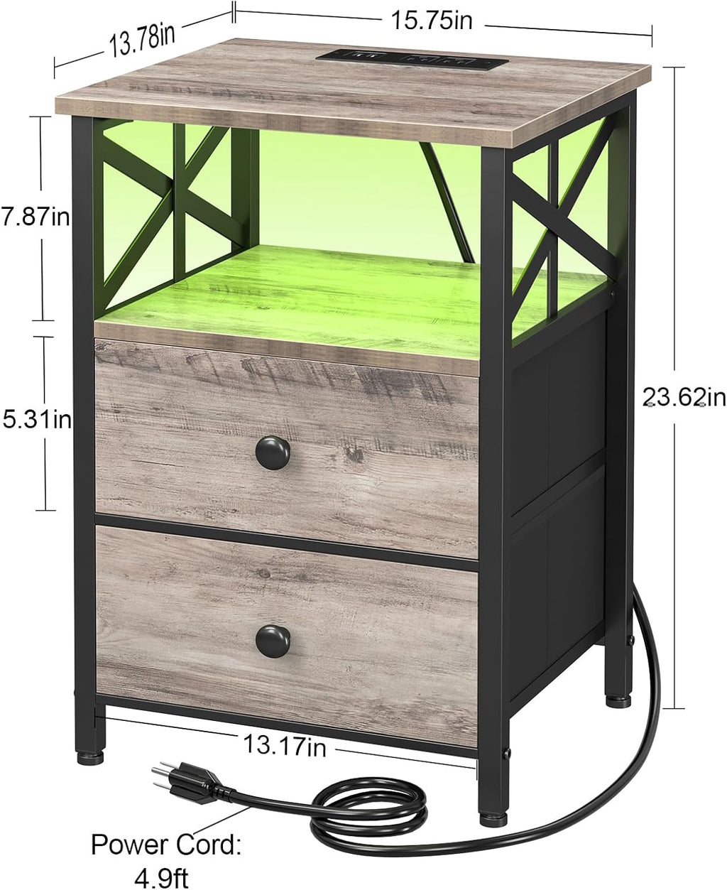 AMHANCIBLE Nightstands Set of 2 with Charging Station and LED Lights | Large Bedside Tables with USB Ports and AC Outlets, 2 Fabric Drawers, Modern Night Stand for Bedroom, Grey