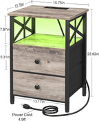 AMHANCIBLE Nightstands Set of 2 with Charging Station and LED Lights | Large Bedside Tables with USB Ports and AC Outlets, 2 Fabric Drawers, Modern Night Stand for Bedroom, Grey